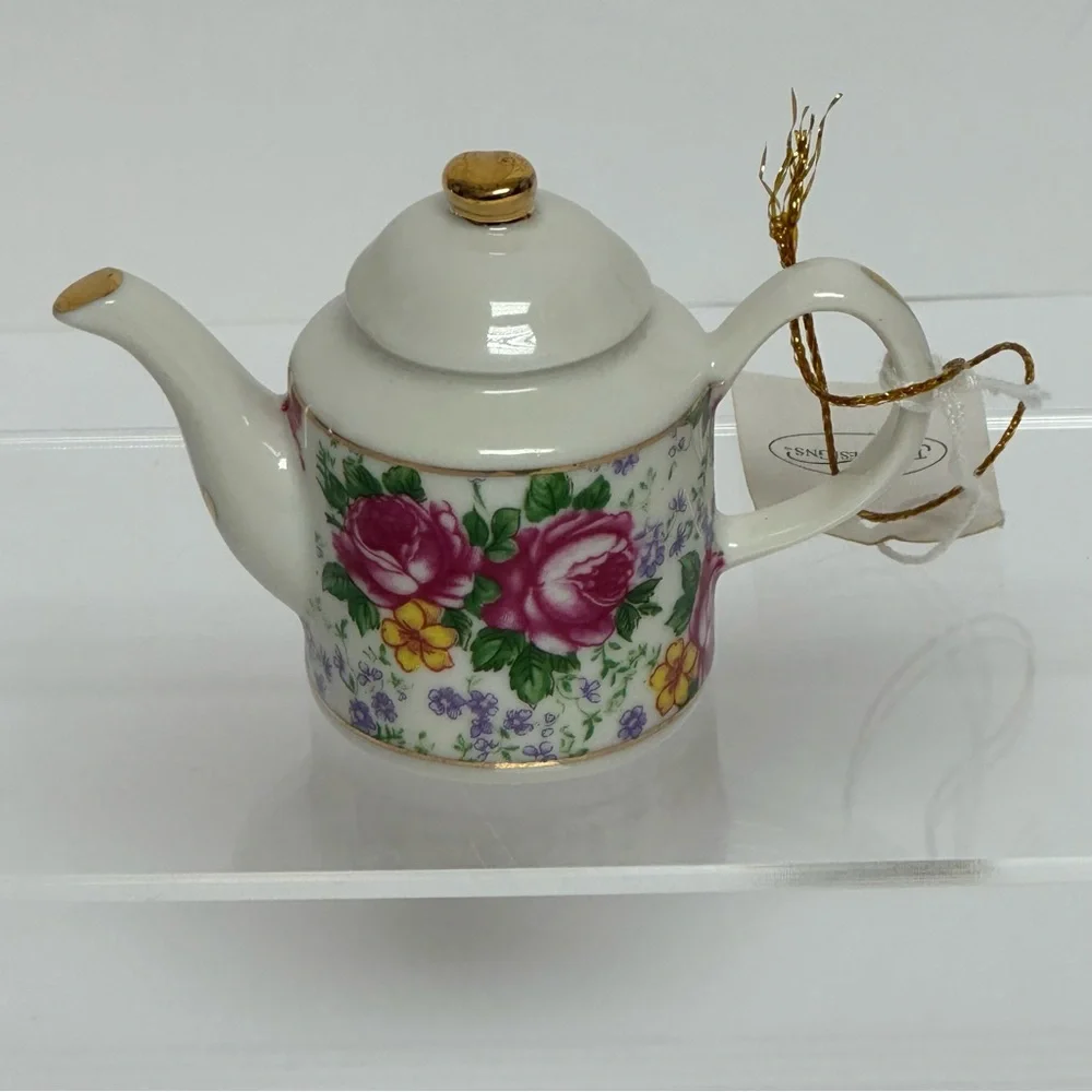 Mini Tea Pot 3” Decorative Floral Design Gold Trim Cottage Core